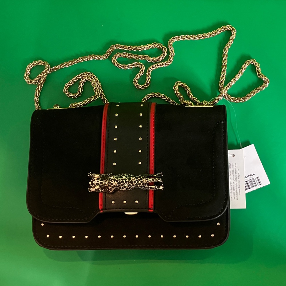 Black, Red and Gold Chain Topshop Crossbody Bag with Panther Accent